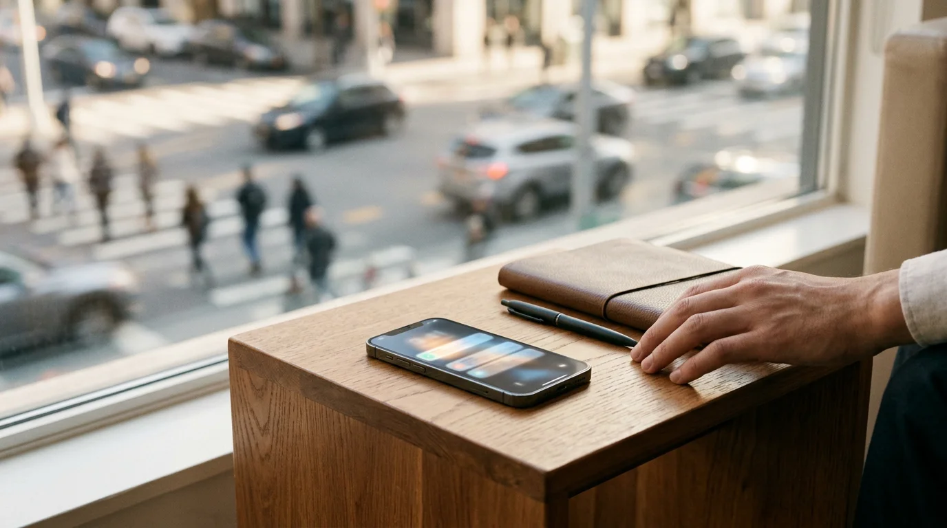 1. Saturación cotidiana el exceso de contenido simula conocimiento Móvil con notificaciones sobre una mesa junto a una ventana con la ciudad desenfocada al fondo