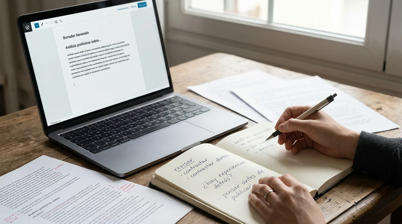 2.Apariencia de conocimiento Portátil y libreta mostrando la diferencia entre generar contenido y pensar con criterio