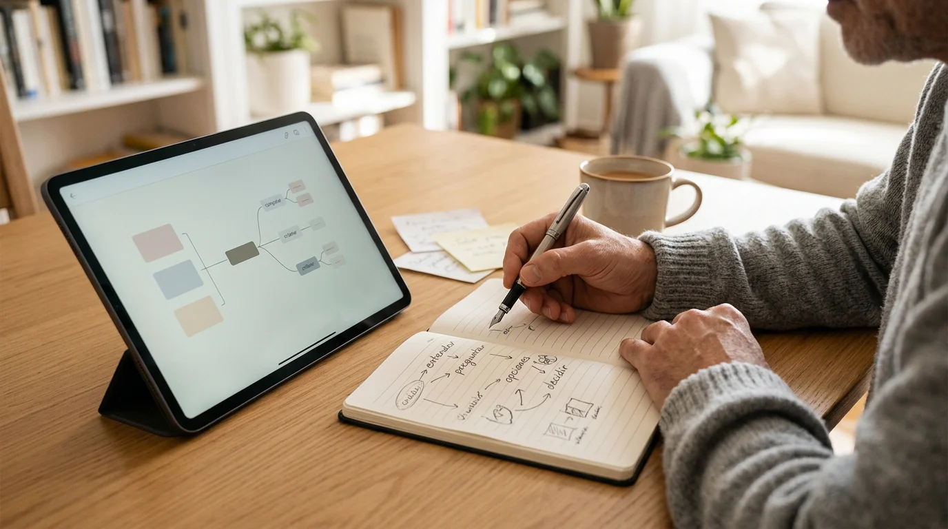 3 – Soberanía de pensamiento delegar tareas repetitivas a la tecnología para liberar espacio creativo. Persona usando una herramienta digital junto a una libreta para ordenar ideas con criterio