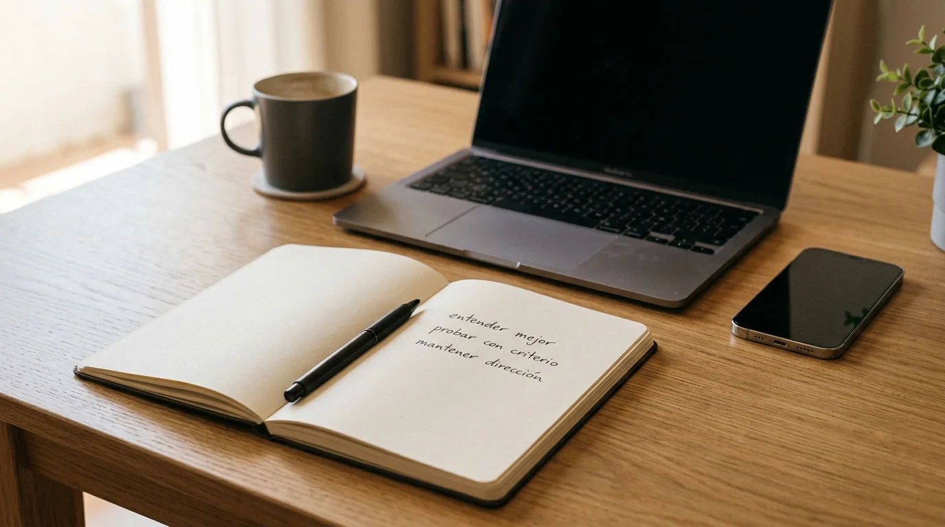 4 – Ritmo propio la velocidad la decides tú, no las notificaciones del móvil. Libreta abierta con prioridades escritas y dispositivos cerrados sobre una mesa tranquila