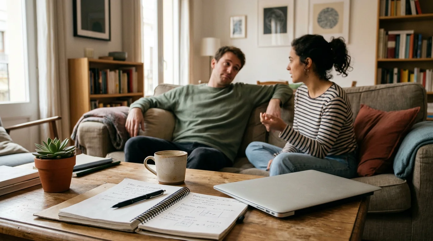 La resignación disfrazada de madurez Dos adultos jóvenes conversando en casa junto a una mesa con una libreta y objetos de trabajo que sugieren posibilidades abiertas