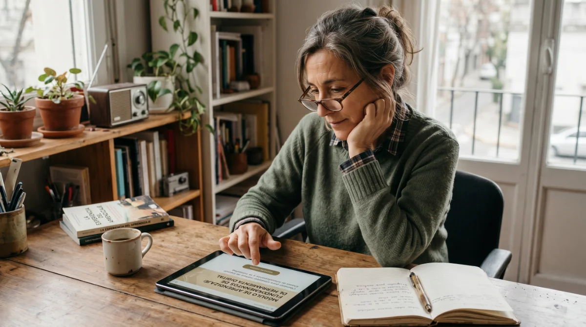 Observar antes de juzgar el criterio exige paciencia para comprender el funcionamiento de lo nuevo Mujer observa una herramienta digital con curiosidad tranquila antes de opinar