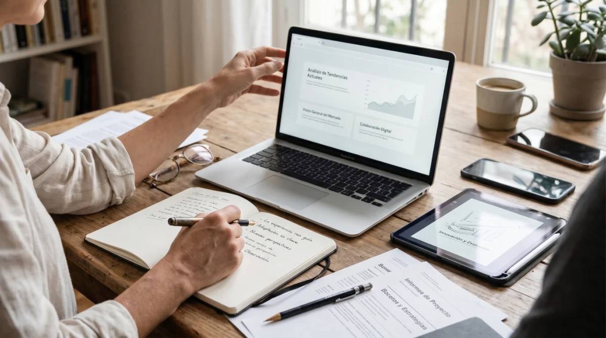 Transición integrada el valor del oficio tradicional se potencia Mesa con herramientas tradicionales y tecnología actual como contraste entre experiencia y actualización