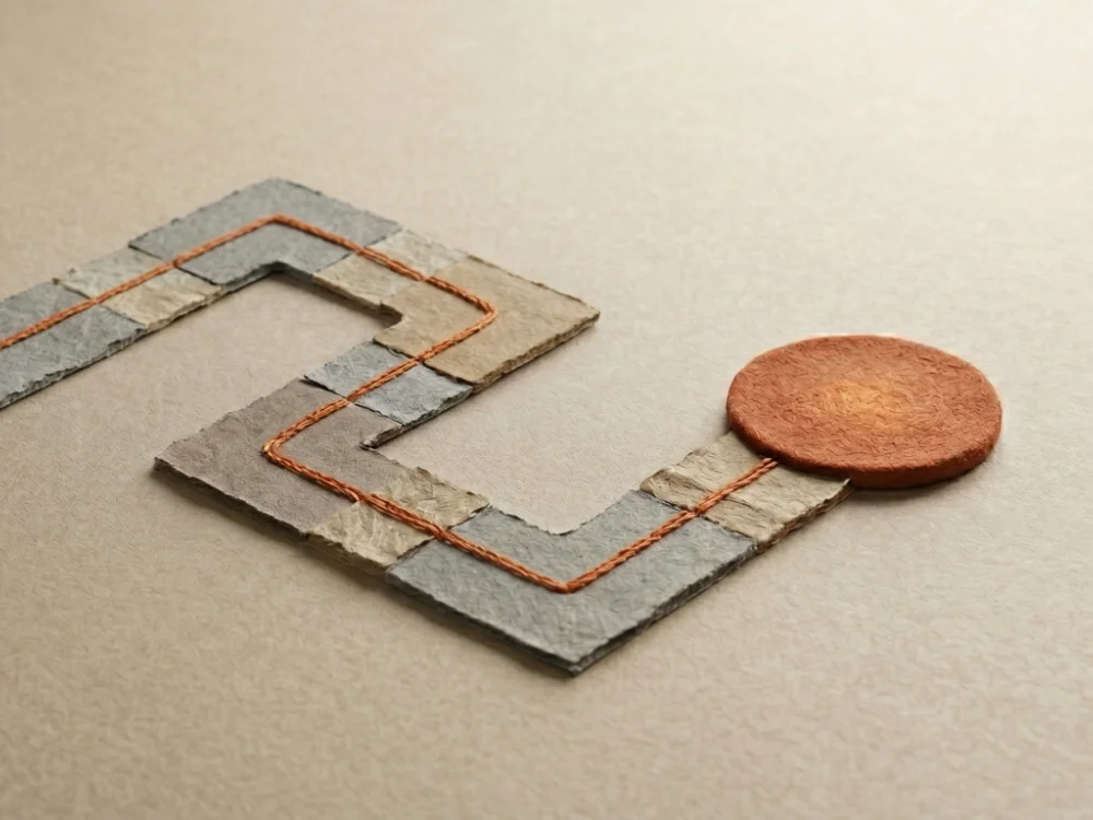 Composición editorial abstracta de un camino de papel con acento naranja que simboliza dirección, criterio y avance hacia lo importante.