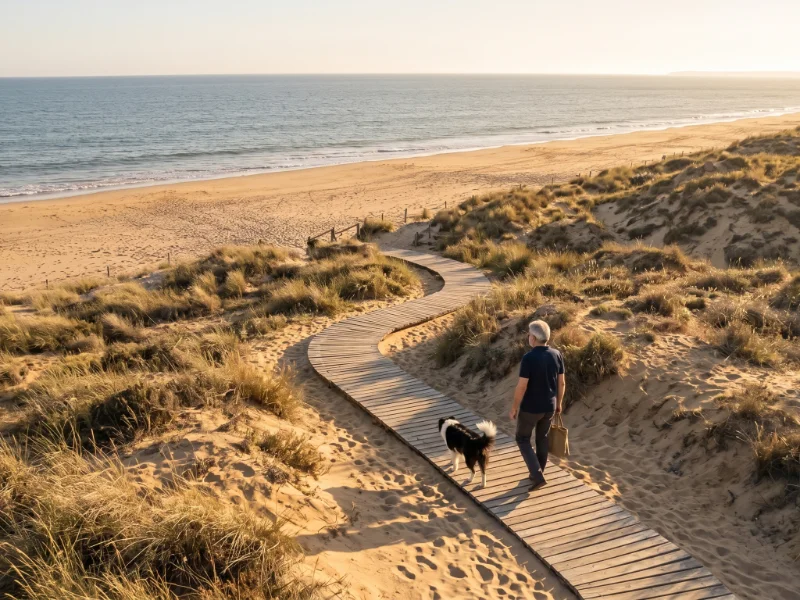 Vista amplia de un hombre caminando con su perro por un sendero de madera entre dunas y playa, simbolizando tiempo, calma y vida fuera de la pantalla.