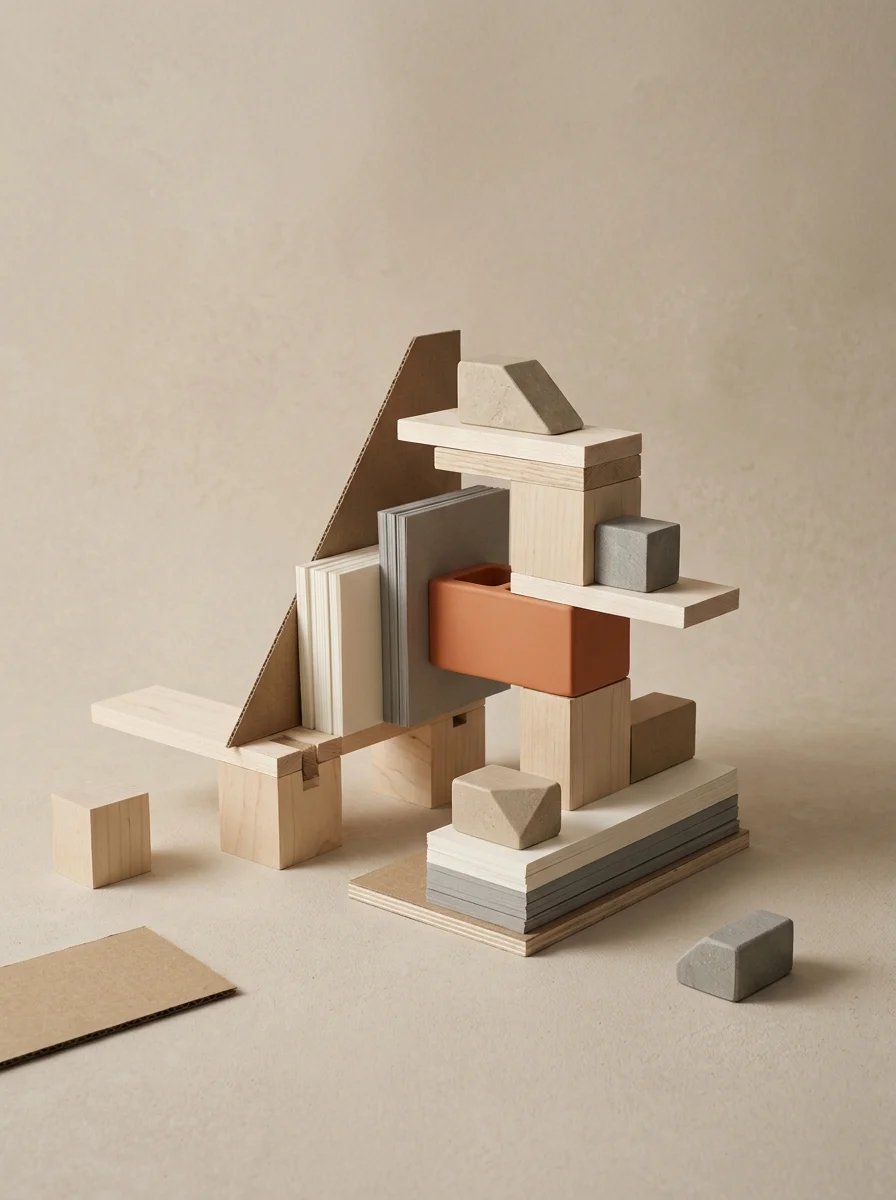 construir-estructura-proceso-oportunidades-fernando-picos Composición editorial abstracta con piezas de madera, cartón y piedra formando una estructura en proceso, simbolizando construcción, iniciativa y oportunidades.