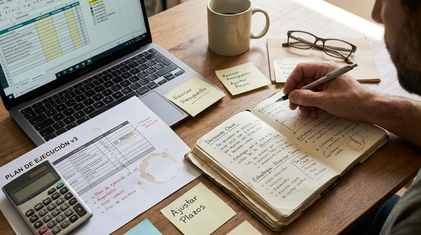 cuando-la-idea-toca-suelo Mesa de trabajo con notas, tareas, portátil y elementos de planificación, representando el momento en que una idea empieza a convertirse en ejecución real.