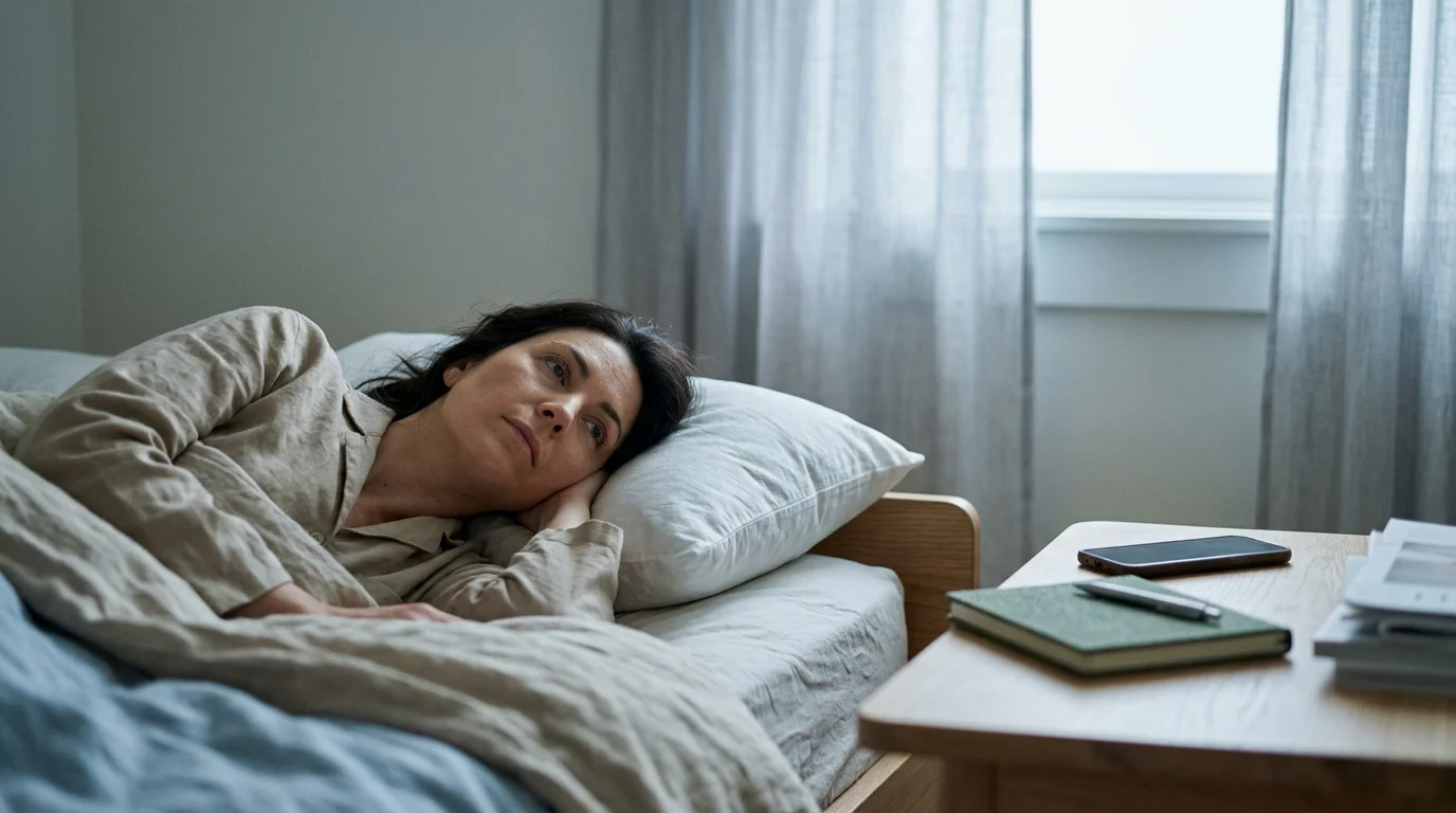 dormir-con-el-sistema-encendido Persona despierta en la cama al amanecer, con expresión tranquila pero cansada, junto a objetos cotidianos que sugieren carga mental acumulada.