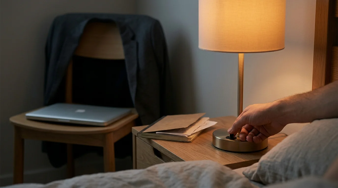 el-interruptor-no-manda-recuperacion-descanso Mano apagando una lámpara de noche junto a una habitación con señales sutiles de un día que todavía no se ha cerrado del todo.