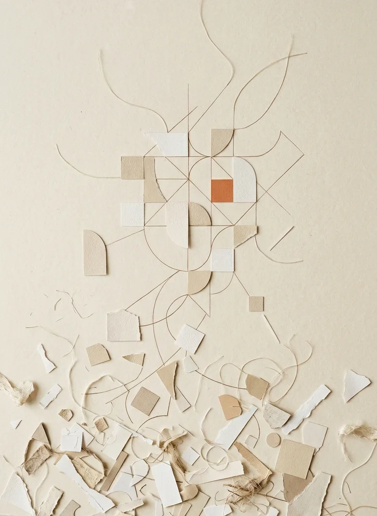 entender-patrones-entre-ruido-fernando-picos Composición editorial abstracta con fragmentos de papel dispersos que empiezan a formar una estructura, simbolizando comprensión, contexto y patrones entre el ruido.
