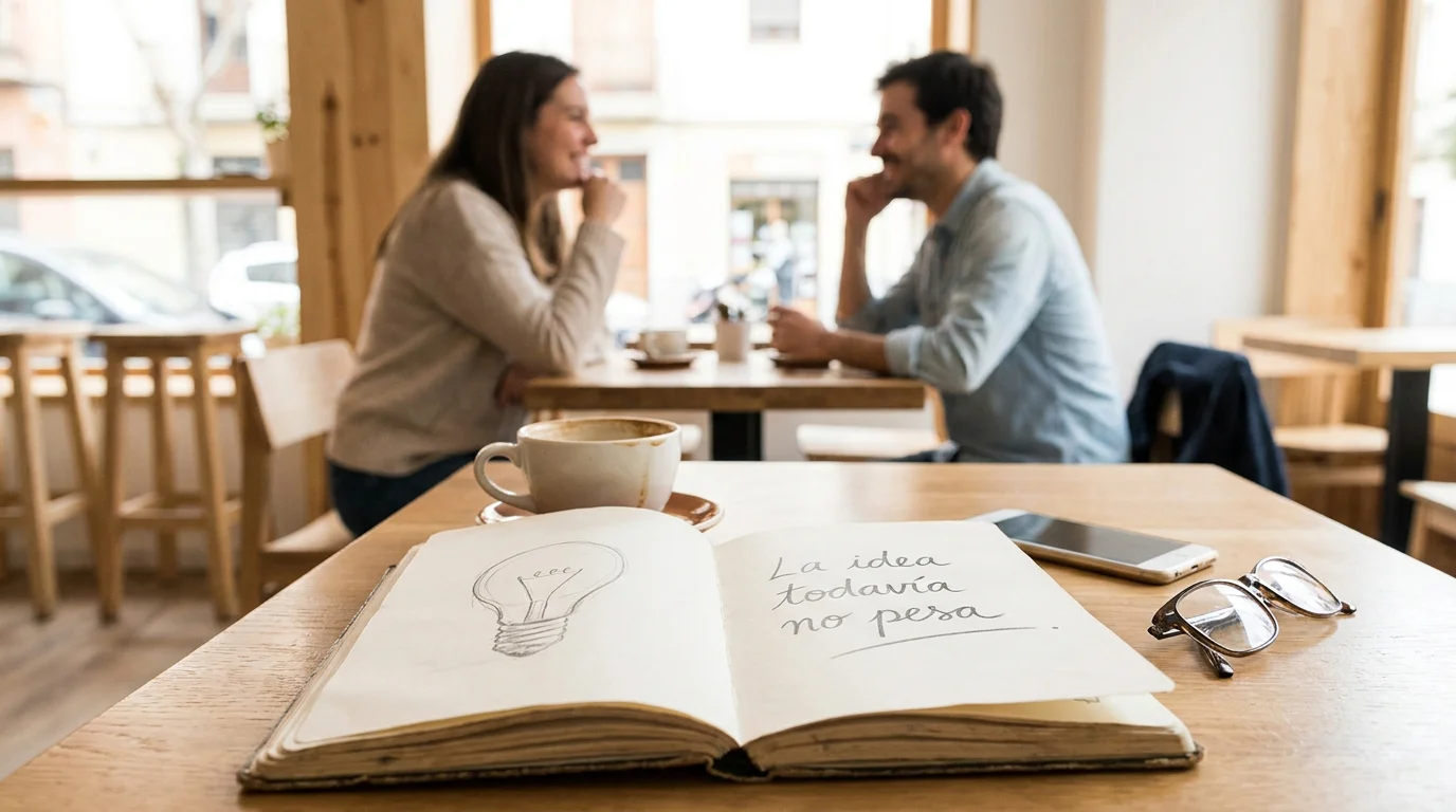 la-idea-todavia-no-pesa Escena de una conversación informal con una libreta abierta y una idea apuntada, mostrando el momento ligero en el que todo parece posible.