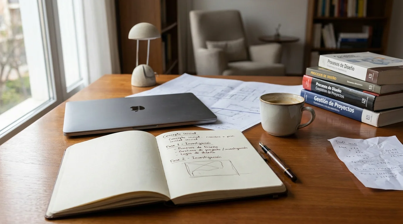 tener-ideas-no-es-construir Libreta con una idea anotada junto a una mesa de trabajo real, representando la diferencia entre imaginar un proyecto y construirlo.