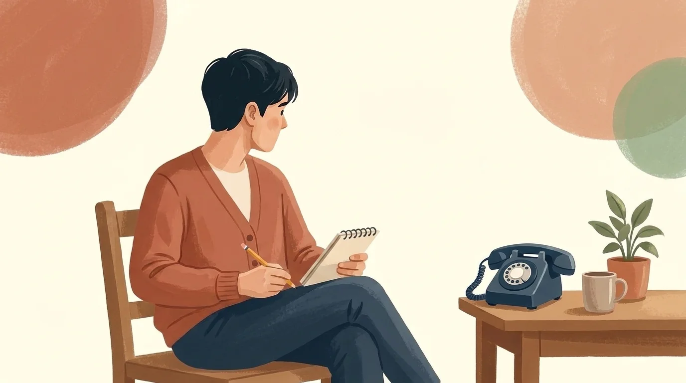 Persona que dirige su atención hacia el teléfono después de confundir un sonido cotidiano con una llamada.