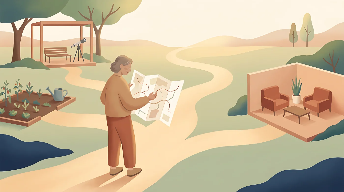Persona adulta consulta un mapa sencillo con distintos caminos para observar, ajustar o pedir ayuda.