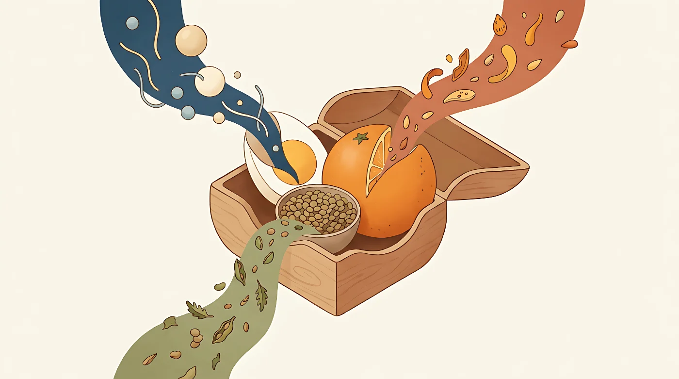 Alimentos cotidianos se abren conceptualmente y muestran distintos componentes en su interior.