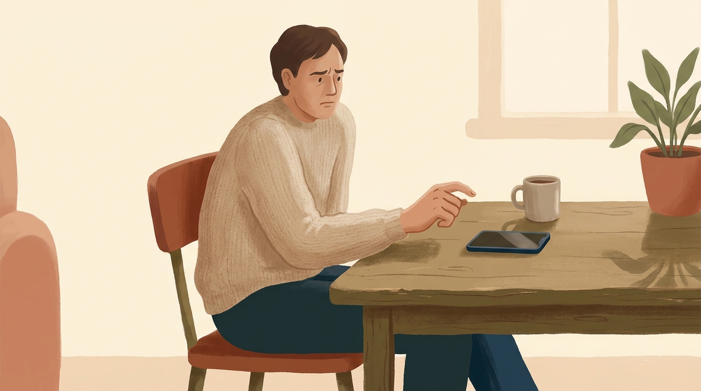 Persona mirando un teléfono después de enviar un mensaje sin respuesta mientras muestra inquietud y duda sobre qué hacer.
