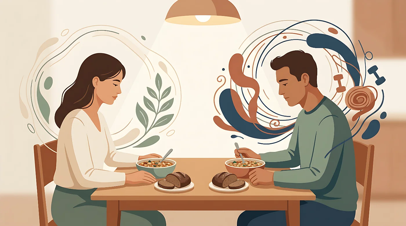 Dos personas comparten una misma comida y experimentan respuestas corporales diferentes.