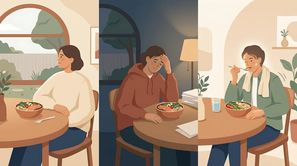 Una misma persona toma una comida similar en momentos con diferente descanso, estrés, actividad y estado general.