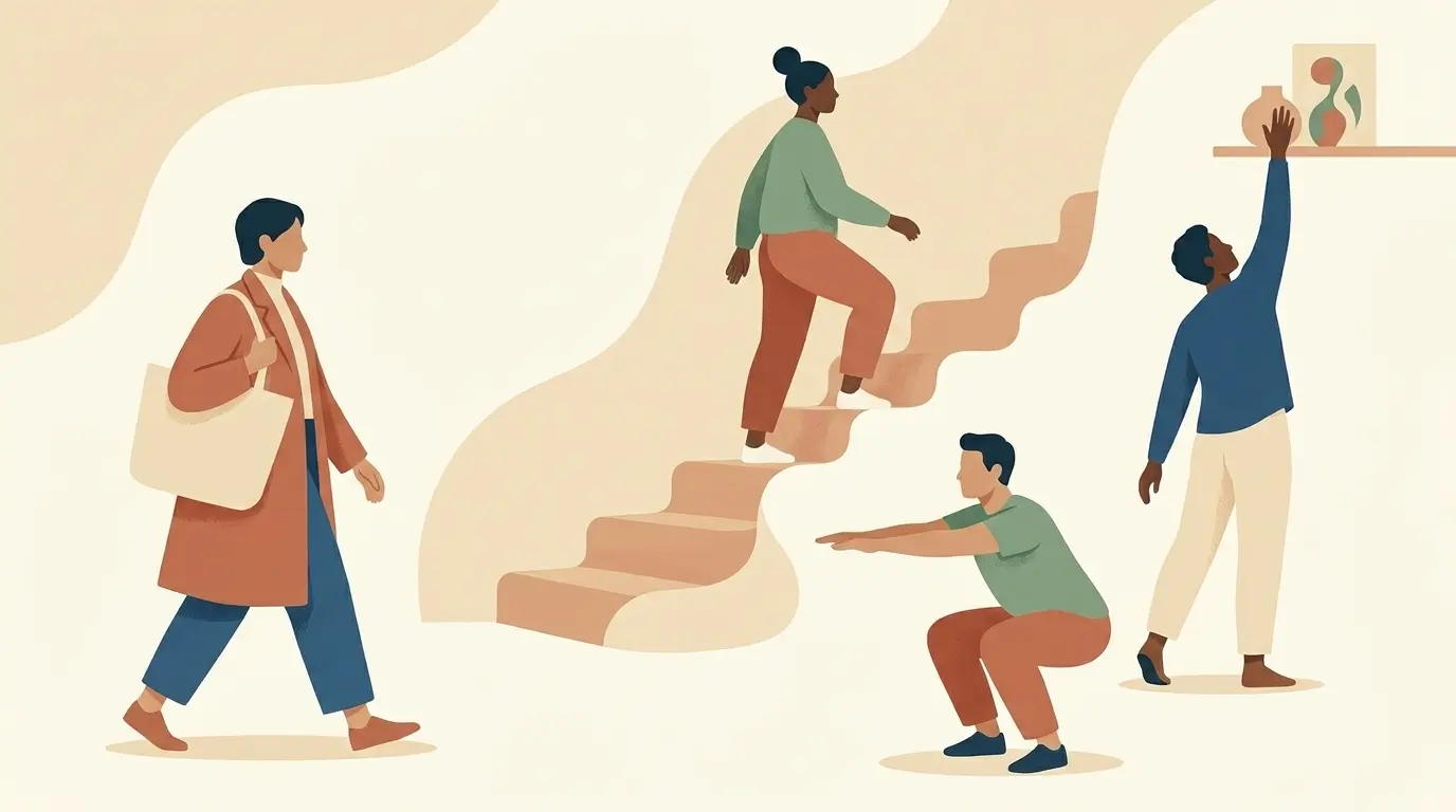 Varias personas adultas caminando, cargando una bolsa, subiendo escaleras y realizando una actividad física organizada.