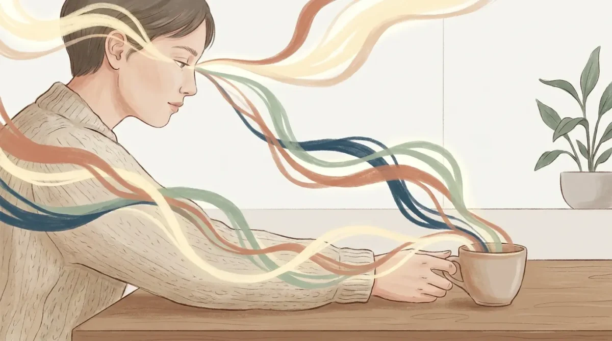 Persona alcanzando una taza mientras circulan señales entre el cerebro, la mano, los ojos y el resto del cuerpo.