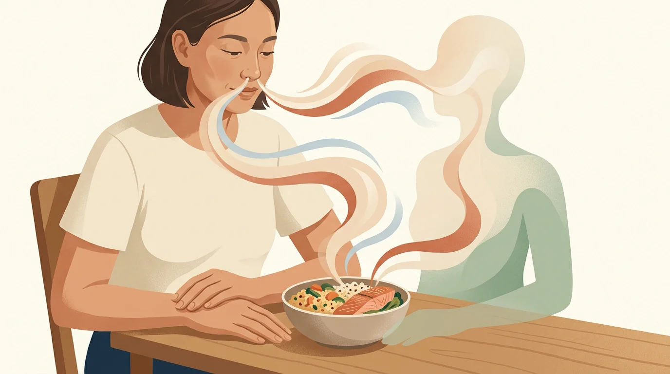 Persona ante una comida mientras el olor y la expectativa provocan una respuesta de preparación antes del primer bocado.