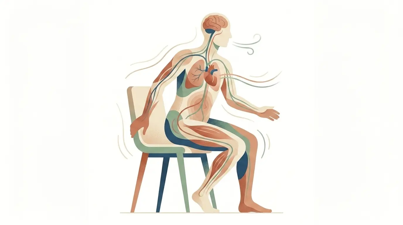 Persona adulta levantándose de una silla mientras distintos recorridos visuales conectan cerebro, músculos, sentidos, corazón y respiración.