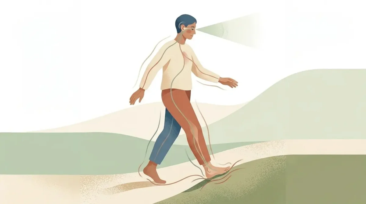 Persona caminando sobre un terreno irregular y ajustando la postura gracias a la vista, el equilibrio y la información de sus pies y articulaciones.