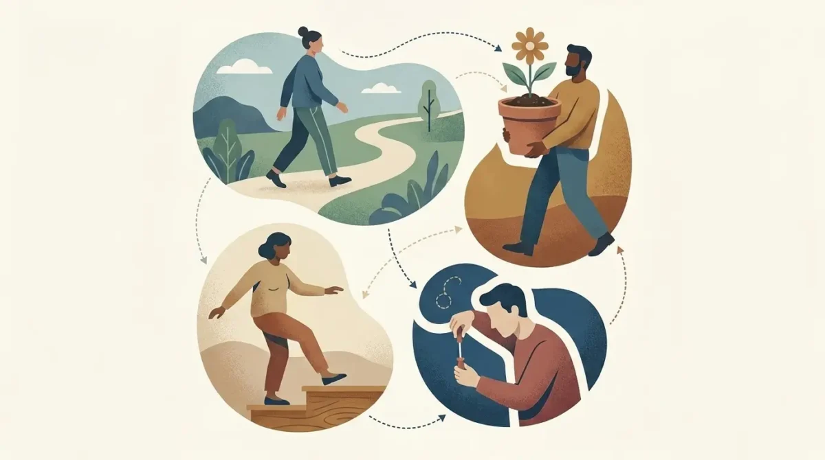 Personas adultas caminando, transportando un objeto, manteniendo el equilibrio y realizando una tarea precisa.